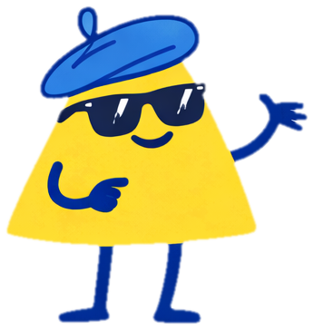 D.A.R.C.I, a yellow triangle character wearing sunglasses and a blue beret